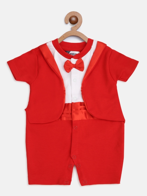 

Moms Love Infant Boys Red & White Solid Pure Cotton Rompers with Attached Blazer Detail