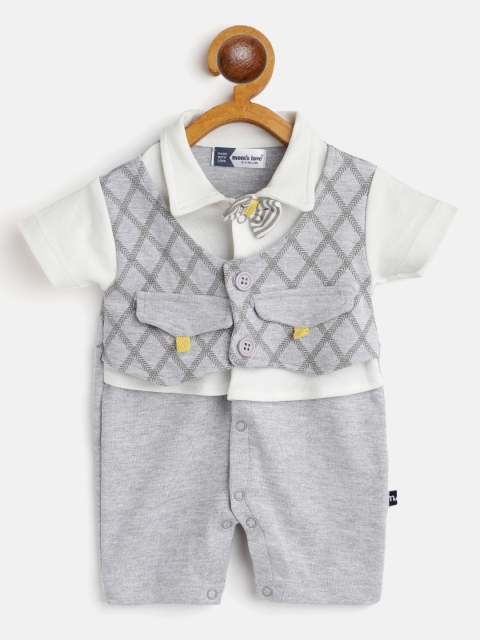 

Moms Love Infant Boys Grey & White Pure Cotton Checked Rompers