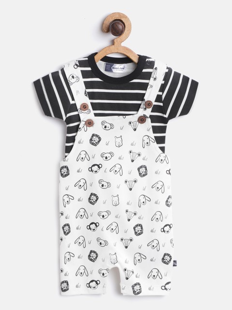 

Moms Love Infant Boys White & Black Striped Pure Cotton T-shirt with Printed Rompers