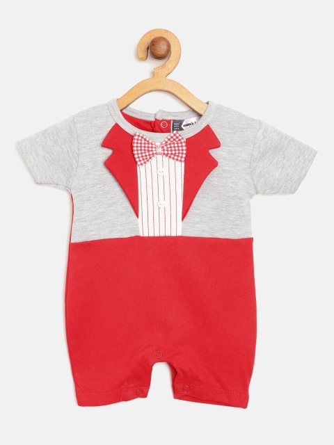 

Moms Love Infant Boys Grey Melange & Red Pure Cotton Colourblocked Rompers with Bow