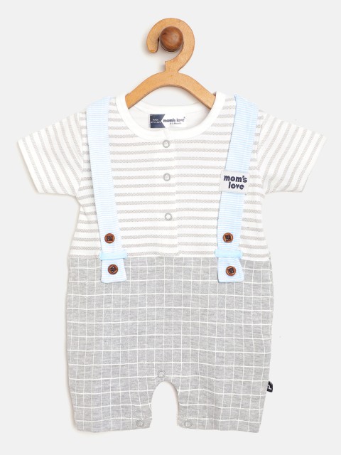 

Moms Love Infant Boys Grey Melange & White Pure Cotton Striped & Checked Rompers