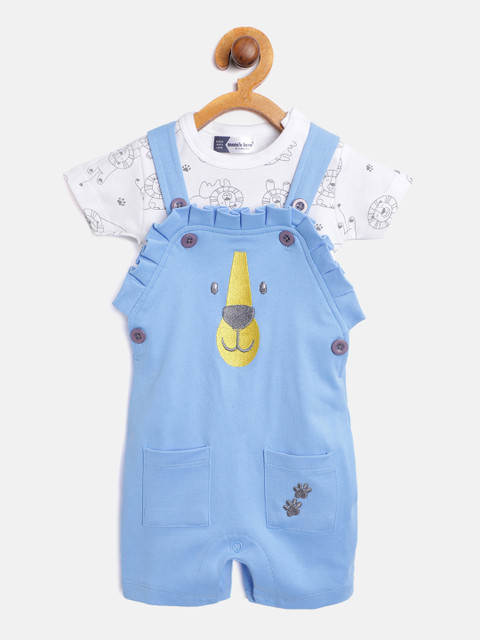 

Moms Love Infant Boys Blue & White Cotton Printed T-shirt with Dungarees