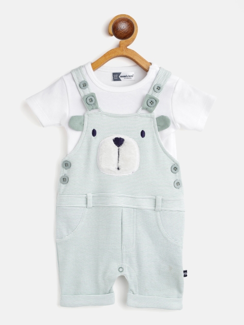 

Moms Love Infant Boys White & Sea Green Striped Pure Cotton Dungarees with T-shirt