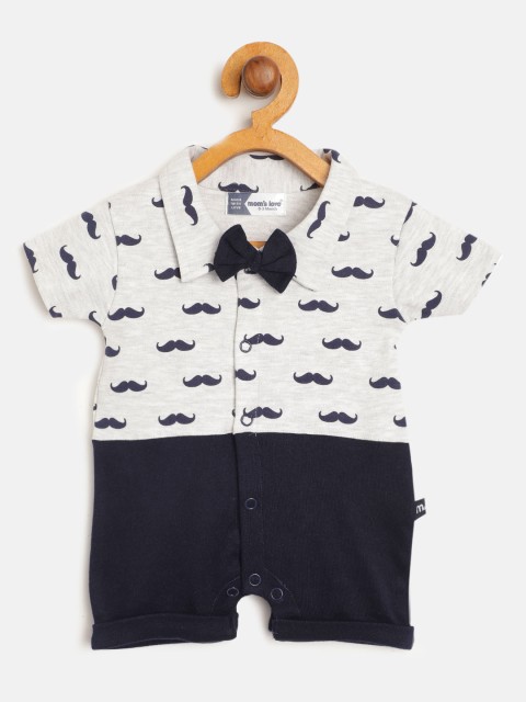 

Moms Love Infant Boys Grey Melange & Navy Blue Mustache Print Pure Cotton Rompers