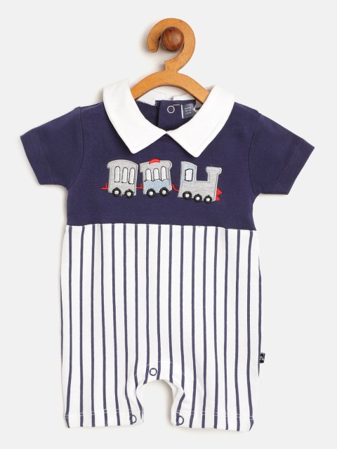 

Moms Love Boys Navy Blue & White Pure Cotton Striped Romper