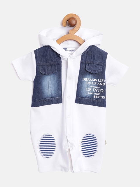 

Moms Love Infant Boys White and Navy Blue Faded Cotton Hooded Rompers with Applique Detail