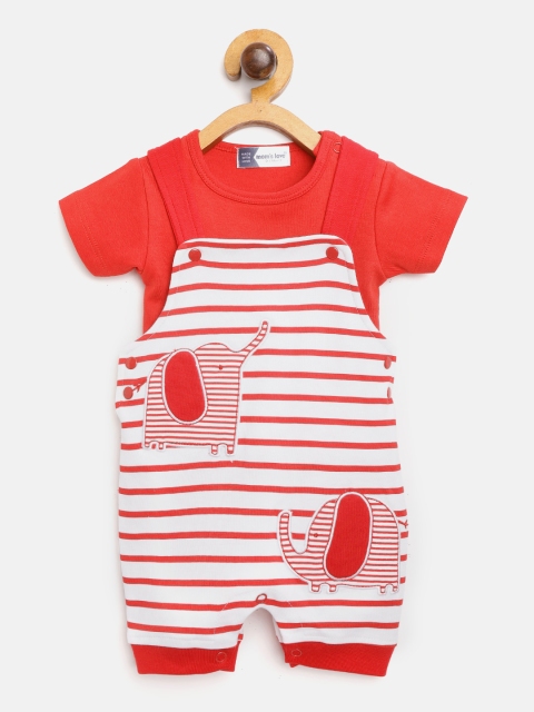 

Moms Love Boys Red & White Solid Pure Cotton T-shirt with Striped Dungarees