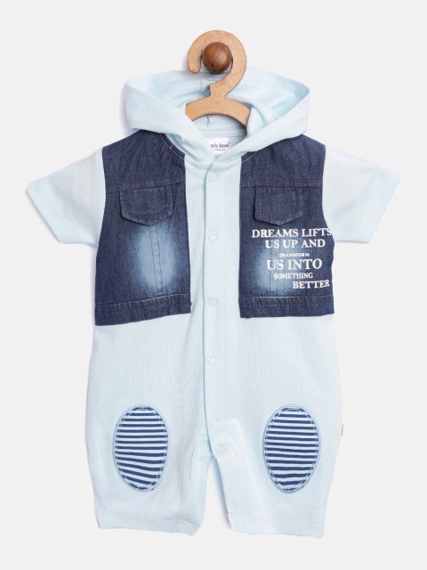 

Moms Love Infant Boys Blue Faded Pure Cotton Hooded Rompers with Applique & Printed Detail
