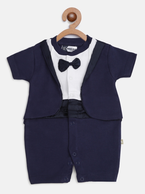 

Moms Love Infant Boys Navy Blue & White Solid Pure Cotton Rompers