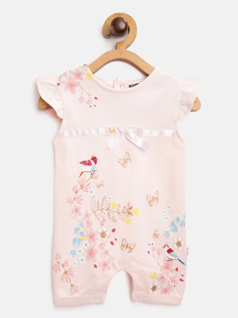 

Moms Love Infant Girls Pink & Golden Floral Print Pure Cotton Rompers