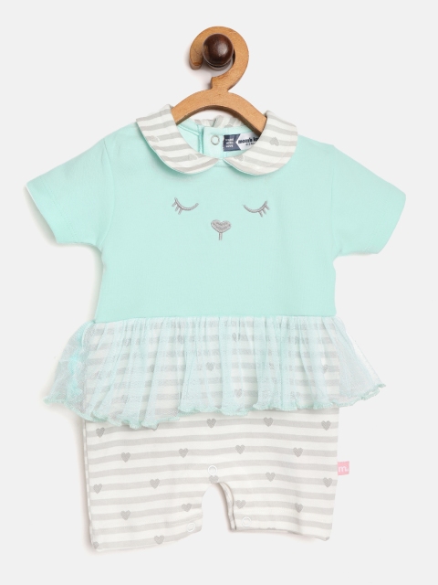 

Moms Love Infant Girls Sea Green & White Colourblocked & Striped Pure Cotton Rompers