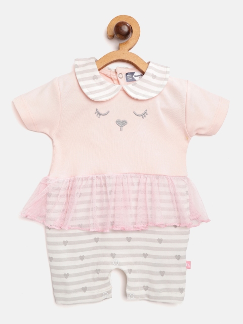 

Moms Love Infant Girls Peach-Coloured & Grey Striped Pure Cotton Rompers