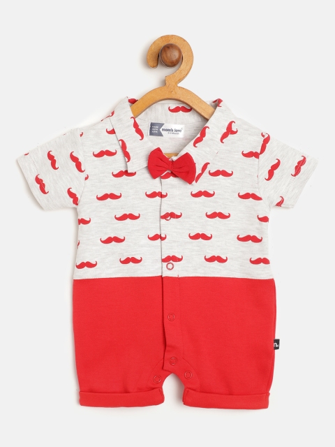 

Moms Love Boys Grey Melange & Red Pure Cotton Moustache Printed Romper