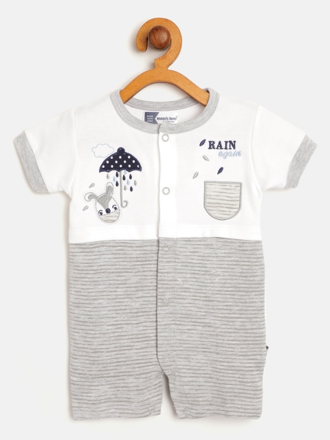 

Moms Love Infant Boys White & Grey Melange Striped Pure Cotton Rompers