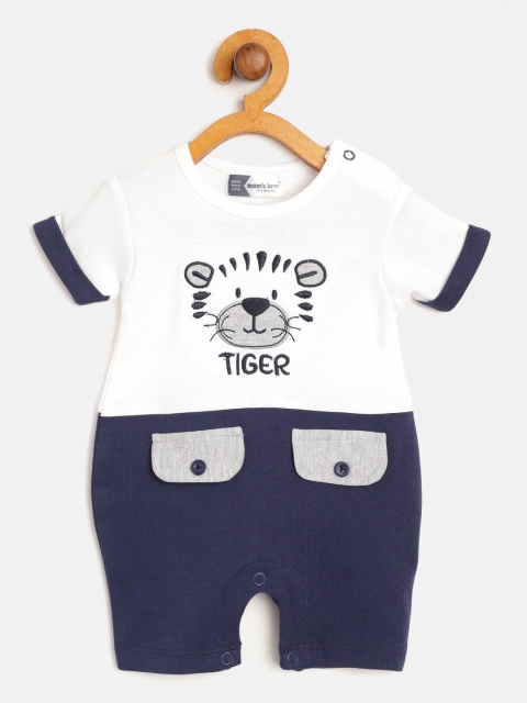 

Moms Love Boys White & Navy Blue Pure Cotton Colourblocked Romper