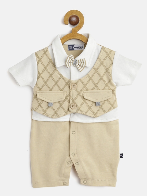 

Moms Love Infant Boys Beige & White Checked Pure Cotton Rompers with Attached Waistcoat