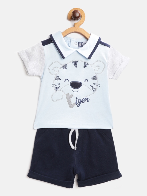 

Moms Love Infant Boys Blue & Grey Melange Cotton Tiger Embroidered T-shirt with Shorts