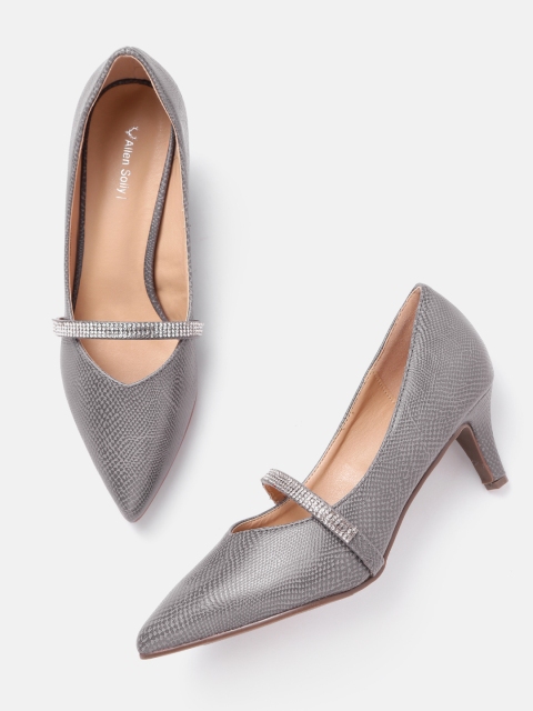 

Allen Solly Women Charcoal Grey Snakeskin Textured Pumps with Stone-Studded Detail