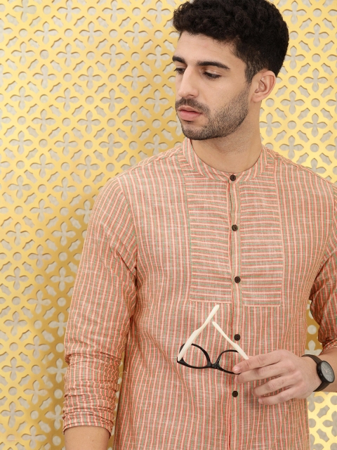 

Ode by House of Pataudi Men Orange & Green Rozana Striped Band Collar Pure Cotton Kurta