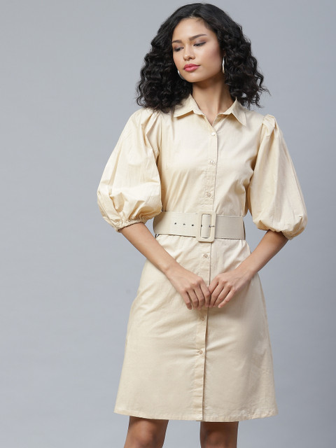 

plusS Elegant Cream Solid Retro Shirt Dress