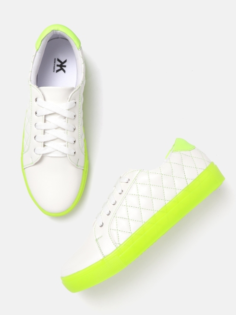 

Kook N Keech Women White & Fluorescent Green Quilted Sneakers