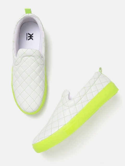 

Kook N Keech Women White & Neon Green Quilted Slip-On Sneakers