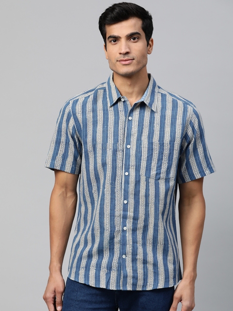 

Fabindia Men Blue & White Slim Fit Pure Cotton Striped Casual Shirt