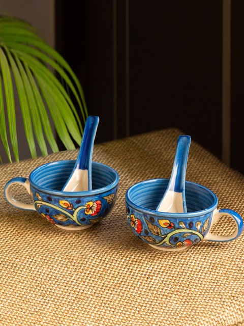 

ExclusiveLane Blue Set of 2 Hand-Painted Ceramic Soup Bowls With Spoons