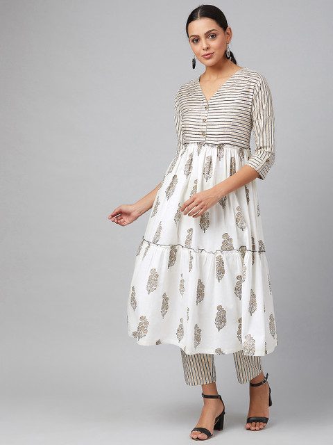 

Vasudha Women Off-White & Black Printed Kurta with Trousers