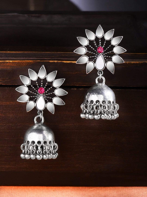 

Rubans Silver-Toned Floral Jhumkas