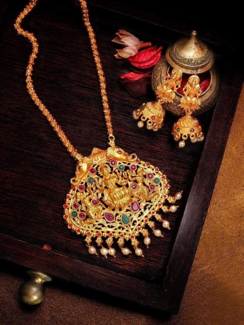 

Rubans Gold-Plated Red & Green Stone-Studded & Beaded Handcrafted Jewellery Set
