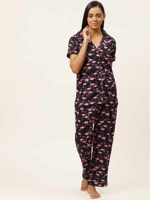 

Laabha Women Navy Blue & Pink Pure Cotton Flamingo Printed Night suit