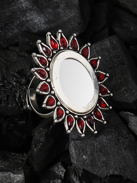 

FIROZA Oxidised Silver-Toned & Red Stone Studded & Mirror Detail Adjustable Finger Ring
