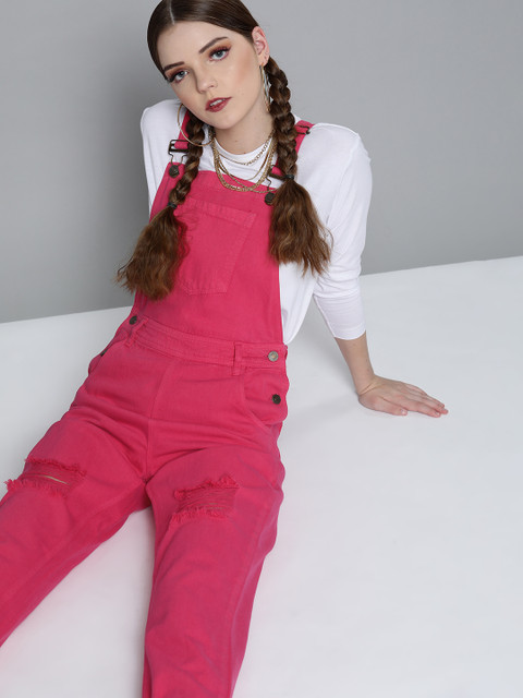 

SASSAFRAS Women Pink Solid Slouchy Distressed Denim Dungaree