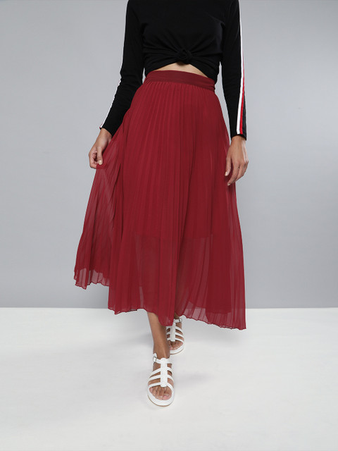 

SASSAFRAS Maroon Accordion Pleated Flared Maxi Skirt