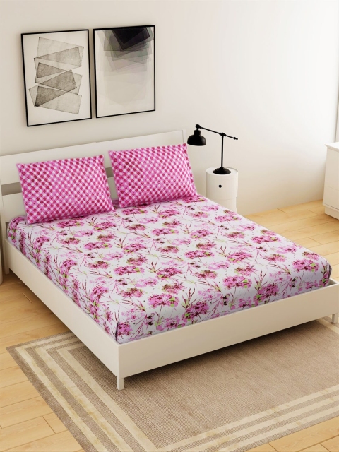 

Salona Bichona White & Pink Floral 104 TC Cotton 1 Queen Bedsheet with 2 Pillow Covers