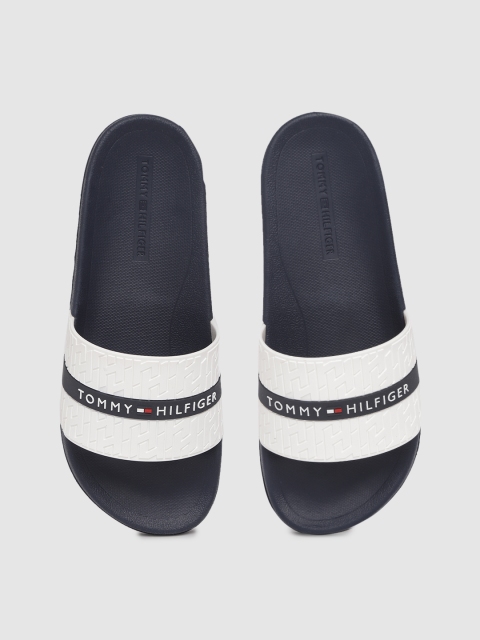 

Tommy Hilfiger Men White & Navy Blue Brand Logo Textured & Rubber Print Sliders