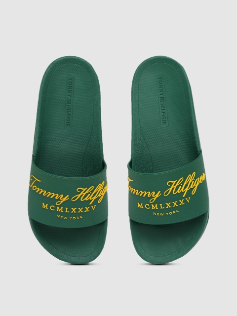 

Tommy Hilfiger Men Green & Mustard Yellow Brand Logo Rubber Print Sliders