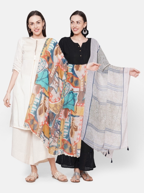 

Get Wrapped Women Pack of 2 Beige & White Printed Scarf