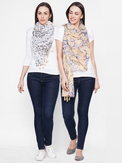 

Get Wrapped Women White & Yellow Printed Scarf Combo