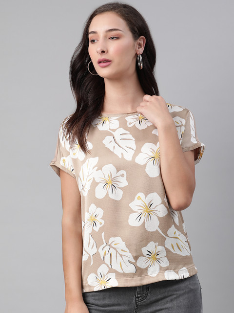 

Marks & Spencer Beige & White Floral Printed Pure Cotton Regular Top
