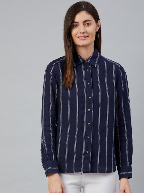 

Marks & Spencer Women Navy Blue & White Pure Linen Striped Casual Shirt