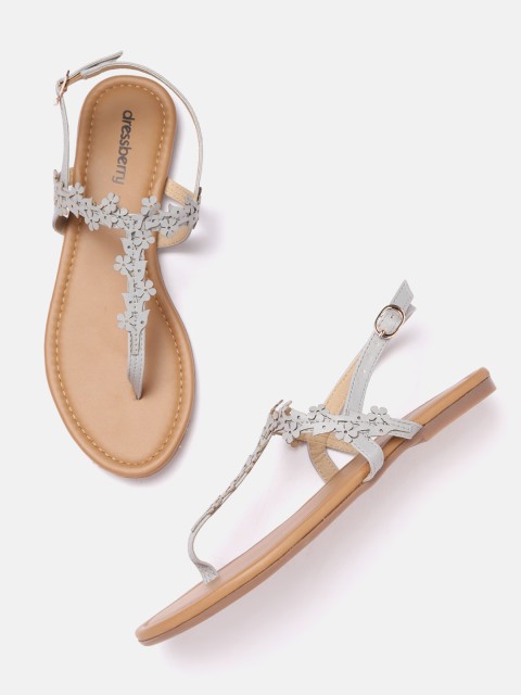 

DressBerry Women Grey Floral Applique T-Strap Flats