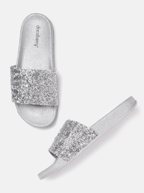 

DressBerry Women Silver-Toned Embellished Sliders