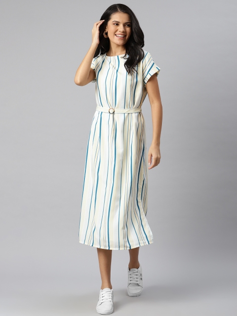 

Mast & Harbour White & Blue Striped A-Line Midi Dress with Belt