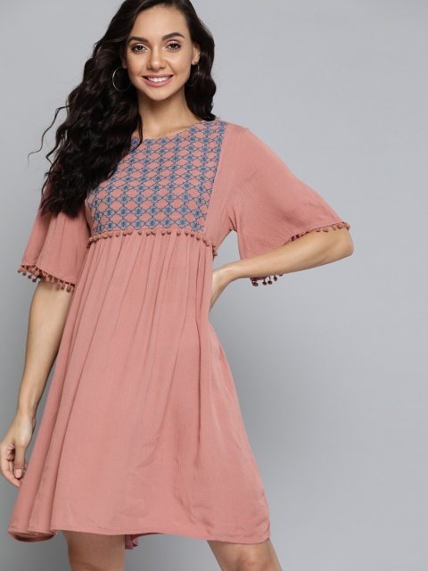 

Mast & Harbour Dusty Pink & Blue Ethnic Motifs Embroidered A-Line Dress