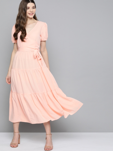 

M&H Our Water SustainableWomen Peach-Coloured Solid Wrap Tiered Dress