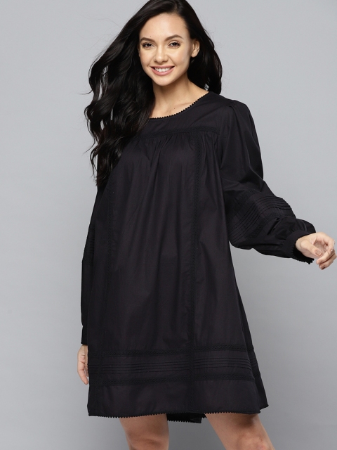 

Mast & Harbour Black Pure Cotton Loose A-Line Dress With Lace Inserts