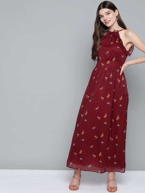 

Mast & Harbour Women Maroon & Orange Floral Printed Maxi Dress
