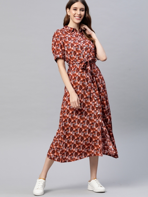 

Mast & Harbour Rust Brown & Navy Blue Ethnic Motifs Shirt Midi Dress
